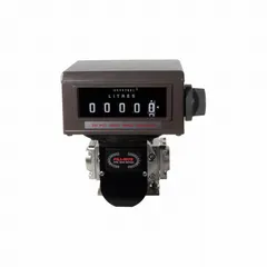 Inline displacement meter with oval gear design for custody transfer applications. Features a mechanical display, +/-0.5% accuracy, 2 in BSPP connection, and 24V DC maximum voltage. Suitable for precise volume measurement of liquids in industrial dispensing systems.