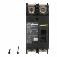 This 2-pole molded case circuit breaker is rated for 100 A with a maximum interrupting rating of 25kA at 240V AC. It features a fixed instantaneous trip and lug-type terminal connections. Part of the QD series, it is used for overcurrent protection in electrical distribution panels, safeguarding branch circuits and equipment from short circuits and overloads.