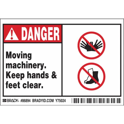 BRADY Danger: Moving machinery. Keep hands & feet clear. Signs, 5 PK