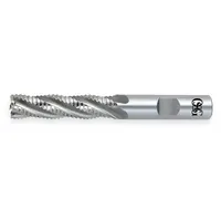 Cobalt roughing end mill with 1/4" diameter, 3/4" length of cut, and 2-1/2" overall length. Features 3 flutes with fine pitch for efficient chip evacuation and reduced cutting forces. Suitable for general-purpose roughing operations on ferrous materials in industrial machining applications