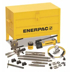 Hydraulic ram puller set with a 7 ton cylinder nominal capacity and 3.5 ton pulling capacity. Includes a cross bearing puller and hand pump. Used for removing bearings, gears, and pulleys in industrial maintenance and repair applications.