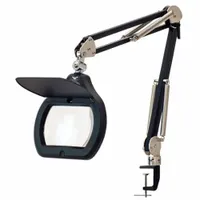 This desk-clamp magnifier light provides 1.88x magnification (3.5 diopter) with up to 950 lm of LED brightness. It features a 45-inch articulating metal arm and a glass lens, operating at 120V AC. The ESD-safe design makes it suitable for precision inspection and assembly tasks on workbenches