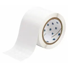 Acrylic label roll with aggressive permanent adhesive, halogen-free. Measures 7/16 in x 1/2 in. Compatible with THT printer series. Used for asset tagging, cable marking, and component labeling in industrial environments.