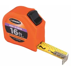 This 16 ft tape measure features SAE fractional graduations in 1/16 in increments, a nonmagnetic single hook tip, and a vertical read display. The plastic orange case includes a manual lock mechanism. Suitable for standard inch measurements in construction, carpentry, and maintenance tasks.