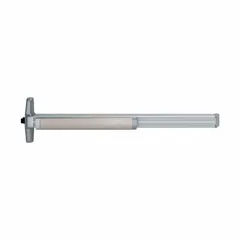 Gray aluminum rim-type exit device with touchbar push bar and lever outside trim. Designed for commercial egress applications on single doors requiring a rim latch. Not ADA compliant and not ligature-resistant.