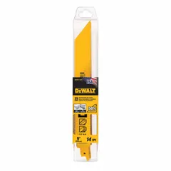 This 9-inch reciprocating saw blade is designed for cutting thick metal with rigid, straight cuts. It features 14 teeth per inch and a blade thickness of 0.04 inches. Suitable for demolition, construction, and fabrication tasks. Sold in a 25-pack.