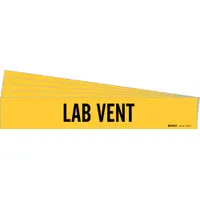 Yellow adhesive pipe marker with black 'Lab Vent' legend, designed for identifying laboratory ventilation piping. Fits pipe outer diameters from 2-1/2 to 7-7/8 inches. Sold in a 5-pack with one marker per pack, without arrows