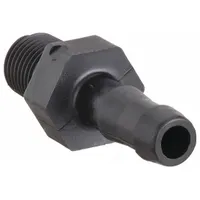 This polypropylene rigid barbed hose fitting connects 3/8 in hose to 1/4 in NPT male threads. It features a hose barb x NPT connection with a hex body for wrench tightening. Suitable for low-pressure air, water, and chemical transfer in industrial and agricultural systems