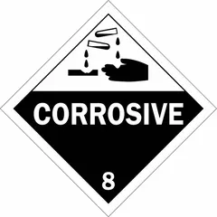 This BRADY placard displays the message 'Corrosive' for identifying hazardous materials. It measures 10 3/4 in x 10 3/4 in with a label height of 10 3/4 in. Used on shipping containers, drums, and vehicles to meet DOT placarding requirements for corrosive substances.