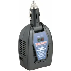 This inverter converts 12V DC from a vehicle cigarette lighter to 115V AC modified sine wave power. It delivers 100 W continuous output at 57 to 63 Hz. Suitable for powering small electronics and tools in mobile or field applications.