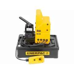 This corded electric hydraulic pump unit delivers a maximum operating pressure of 10,000 psi and a maximum flow rate of 20 cu in/min, powered by a 1/2 hp motor. It features a 3-position control and is designed for powering single-acting cylinders and tools in applications such as lifting, pressing, and clamping.