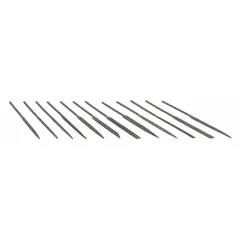 This set includes nine needle files: barrette, crossing, half round, knife, rectangular, round, slitting, square, and triangular. Each file measures 7-3/16 inches. Suitable for precision filing, deburring, and finishing in metalworking and toolmaking applications.
