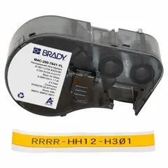 Polyolefin sleeve label in yellow matte finish, measuring 1 in x 7/16 in, for 8 AWG to 12 AWG wire gauge. Compatible with M511 printer series. Used for wire and cable identification in industrial electrical panels, data centers, and manufacturing environments.