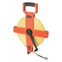 Manual open-reel tape measure with a 300 ft fiberglass blade. Features double-sided SAE/Engineers scale with 1/8 in graduations and a nonmagnetic double hook end. Plastic case. Used for measuring long distances in construction, surveying, and industrial layout.