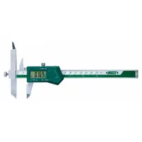 Cabled digital caliper with offset jaws and offset scribing jaws for measuring outside dimensions. Range 0-8 in / 0-200 mm, accuracy +/-0.0016 in, resolution 0.0005 in / 0.01 mm. Adjustable knife edge enables measurement of grooves and recesses. Suitable for precision dimensional inspection in machining and quality control