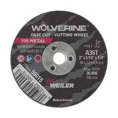 Type 1 cut-off wheel for carbon and stainless steel. Aluminum oxide abrasive, 36 grit. Dimensions: 2" diameter, 1/16" thickness, 1/4" arbor hole. Used in metal fabrication and maintenance for cutting ferrous materials.