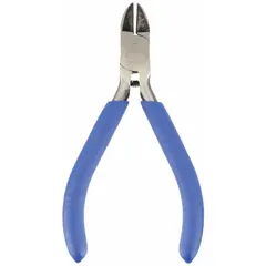 ESD-safe diagonal-cutting pliers with semiflush cut for trimming component leads and wires in electronics assembly. Narrow jaw design (1/2 in length, 1/2 in width) allows access to confined spaces. Overall length 4 1/4 in. Not insulated.