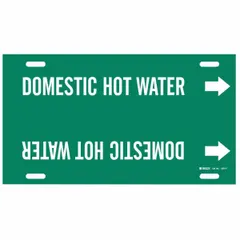 Green pipe marker with white legend 'Domestic Hot Water' for identifying hot water supply lines. Fits pipe outer diameters from 6 to 7-7/8 inches. Includes directional arrows. Supplied as a single marker.