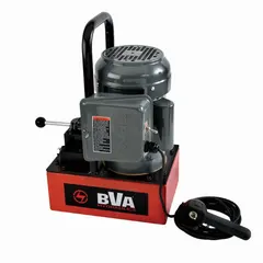 This corded high-power stationary electric hydraulic pump unit operates on 120V AC and delivers a maximum operating pressure of 10,000 psi with a maximum flow rate of 293 cu in/min. It features a 3-way valve with a Hold function for maintaining pressure. Typical applications include powering hydraulic cylinders, presses, jacks, and tools in industrial maintenance, manufacturing, and construction settings.