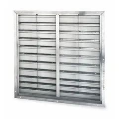 Aluminum wall-mount backdraft damper with double-panel flat blade design. Measures 39 inches high by 39 inches wide with a 2.5-inch depth. Supports horizontal airflow at up to 2500 fpm and mounts vertically. Used in ventilation systems to prevent reverse airflow when the fan is off.