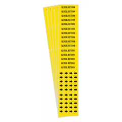 Adhesive pipe marker with yellow background and black legend text reading 'Glycol Return'. Includes directional arrows for flow indication. Fits pipes with outside diameter of 3/4 inch and smaller. Pack of 5 markers (3 markers per pack). Used to identify pipes carrying glycol return fluid in HVAC, refrigeration, and industrial systems.