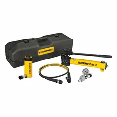 Hydraulic lifting set combining an RC256 cylinder (26-ton nominal capacity, 6-1/4 in stroke) with a P392 hand pump and GA45GC gauge. Used for industrial lifting, positioning, and maintenance tasks requiring portable hydraulic force.