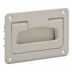 This white plastic folding pull handle is designed for recessed mounting on equipment access points. It features a 167 mm mounting hole center-to-center distance and accepts M5 screws. The handle folds flush when not in use, providing a clean appearance and unobtrusive grip for machinery doors, panels, and enclosures.