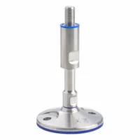 Hygienic male leveling mount with a 4.72 in round base and 3/4"-10 thread size. Rated for 10,566 lbf load capacity with a 7/8 in hex size. Includes mounting holes for secure installation. Used for leveling and stabilizing industrial machinery and equipment in sanitary environments