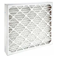 This pleated air filter measures 24 in x 24 in x 4 in with a MERV 8 rating. It features synthetic media and a beverage board frame, suitable for capturing airborne particles in HVAC systems