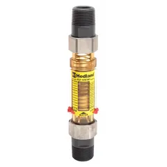 This HEDLAND inline variable area flowmeter measures water flow rates using a scale display. It provides +/-5% accuracy and mounts in any orientation. The unit is fitted with Buna-N seals and O-rings. It does not include a pressure gauge or flow adjustment knob.