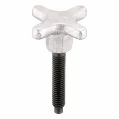 This TE-CO hand knob screw features a lobed head for manual tightening and a dog-point tip for precise alignment in drilled holes. It has a 3/8"-16 thread with a 2 3/4 in thread length. Sold as a 2-pack. Commonly used in jigs, fixtures, and workholding for clamping and positioning.