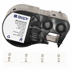 Polyolefin, white matte sleeve label roll cartridge for wire gauges 4 AWG to 12 AWG. Compatible with BMP53 printer series. Used for permanent identification of wires and cables in industrial control panels, machinery, and electrical installations.