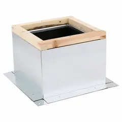 This square roof curb is constructed of galvanized steel and includes a damper tray. It is designed for use with upblast fans having a 17-inch square base. The curb has an inside width of 12-1/2 inches and an outside width of 15-1/2 inches. It complies with UL 705 standards.