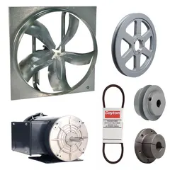 Unassembled belt-drive panel supply fan with a 54-inch blade and totally enclosed motor. Delivers 30,129 cfm at 115/208-230V AC single-phase. Suitable for ventilation and make-up air in industrial and commercial facilities requiring high-volume airflow.