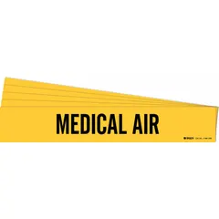 Yellow adhesive pipe marker with black legend text reading 'Medical Air'. Designed for pipes with an outside diameter of 8 inches and larger. Pack includes 5 markers without arrows. Used to identify medical air lines in industrial facilities.