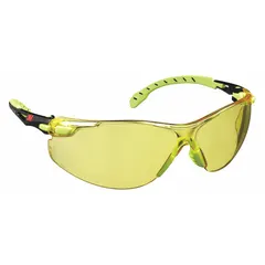 Frameless safety glasses with amber lens and Scotchgard™ Advanced Anti-Fog coating. Black/green frame. Suitable for eye protection in industrial environments such as machining, material handling, and maintenance, where enhanced contrast in low-light conditions is beneficial.