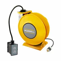 Hardwired self-retracting cord reel with ratchet lock mechanism. Features 25 ft of 12 AWG SJO cable, feeder cord with NEMA 5-20P plug, and retractable cord ending in bare wire for direct hardwiring. Suitable for industrial environments requiring organized cord management