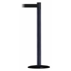 This retractable belt post barrier features a black metal alloy post and a cast iron base. The 7 1/2 ft black belt has no pattern or legend, providing a clear visual barrier for crowd control, queue management, and lane separation in industrial, commercial, and public settings.