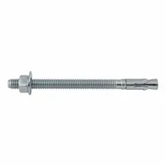 Zinc-plated steel wedge anchor with 3/8"-16 thread size and 3 5/8" thread length. Used for fastening into solid concrete, such as mounting equipment, structural steel, or heavy machinery. Suitable for indoor and sheltered outdoor environments.