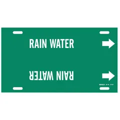 Green pipe marker with white legend reading 'Rain Water' and directional arrows. Fits pipe outer diameters from 8 to 9-7/8 inches. Supplied as a single marker for identifying rain water piping in industrial and commercial facilities.