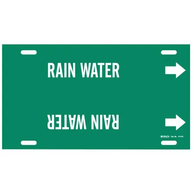 BRADY Pipe Marker: Rain Water, Green, White, Fits 8 to 9 7/8 in Pipe O.D., 1 Pipe Markers - Rain Water Strap-On Pipe Markers