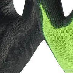 Knit gloves with smooth polyurethane palm coating, ANSI Abrasion Level 3, and touchscreen compatibility. Black coating on lime knit shell. Latex-free. Suitable for general handling, assembly, and light-duty tasks requiring dexterity and grip.