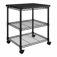 This metal media cart from SAFCO features two shelves for organizing printers, scanners, or other office equipment. The black finish suits various work environments. Overall dimensions: 27 inches high, 24 inches wide, 20 inches deep.
