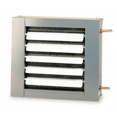 This suspended horizontal unit heater uses hot water as the heating medium, delivering 24,800 BtuH output at 200°F water and 580 cfm air flow. It features a 3/8-inch SWT connection and an OSHA-compliant fan guard. Overall dimensions are 16 in H x 18 in W x 9-1/2 in D. Suitable for heating commercial or industrial spaces such as warehouses, workshops, and garages.