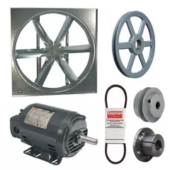 Unassembled belt-drive panel supply fan with a 36-inch blade and open dripproof motor. Delivers 17,407 cfm at 208-230/460V AC three-phase power. Suitable for general ventilation and air supply in industrial and commercial facilities such as warehouses, factories, and large workshops.