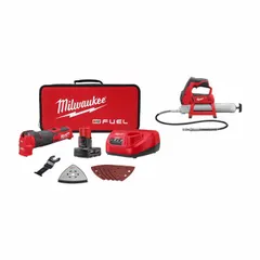 This 12V DC cordless combination kit includes a grease gun for lubrication tasks and an oscillating tool for cutting, sanding, and scraping. Battery included. Suitable for maintenance and repair work in confined spaces.