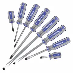 This 8-piece screwdriver set includes Phillips and slotted tip sizes, with a #2 Phillips tip. The tips are magnetized to hold fasteners during use. Suitable for general fastening and loosening tasks in maintenance, assembly, and repair work.