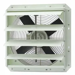 This corrosion-resistant shutter-mount exhaust fan features a fiberglass frame and a totally enclosed air-over motor. It operates at a single speed, delivering 2,052 cfm with 1/6 hp on 115V AC single-phase power. Suitable for exhausting corrosive fumes, dust, or heat in industrial ventilation applications.