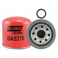 Round spin-on engine air breather filter with an overall height of 5 15/32 inches. Designed for Van Hool passenger vehicles to remove airborne contaminants from intake air, protecting engine components in buses and coaches