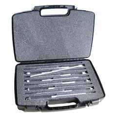 Set of 8 Specific Gravity Plain Form hydrometers with overall height 11 3/4 in. Range 1.400 to 1.620 with scale divisions of 0.001 and 0.002. Used for measuring specific gravity of liquids in industrial processes such as chemical mixing and quality control.